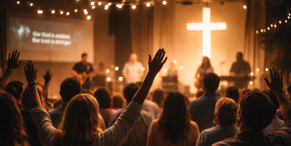 En konsertscene opplyst i blått og rødt lys med teksten "JESUS" i store hvite bokstaver i bakgrunnen. Flere tilskuere med armene løftet i bevegelse, noen i silhuett mot lyset, andre mer detaljert, deltar i arrangementet. Foto.